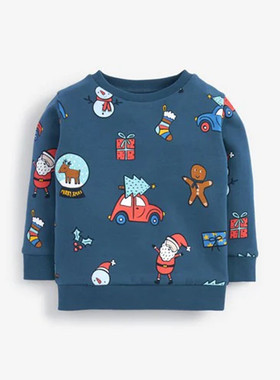 现货英国NEXT男童男宝宝秋冬蓝色圣诞卫衣保暖加绒圆领套头衫米奇