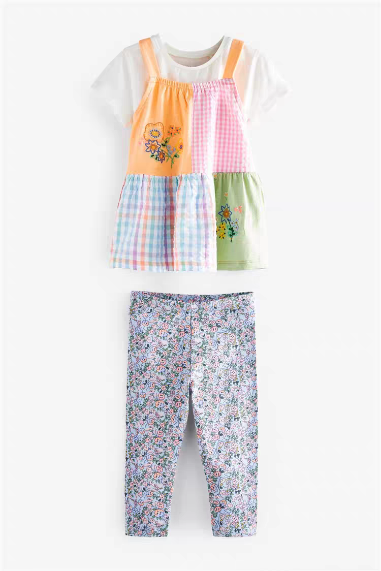 现货英国NEXT正品童装女童短袖T恤拼接吊带背心上衣打底裤子3件套