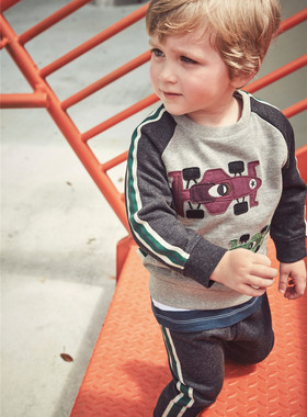 现货英国NEXT童装男童男宝宝男孩灰色汽车卡通印花卫衣慢跑裤套装