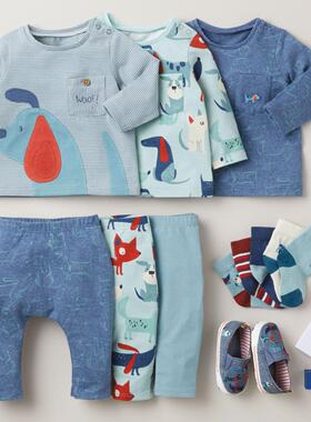 现货英国NEXT童装男婴儿宝宝秋装蓝色小狗全棉长袖T恤上衣3件套装