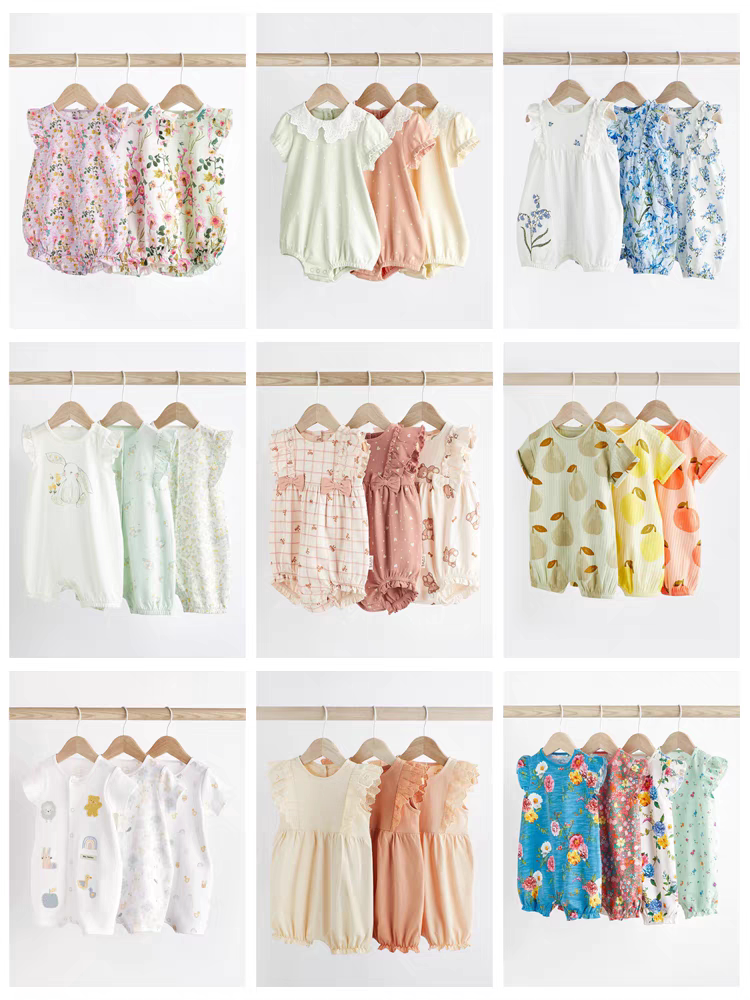 现货英国next童装新款婴儿女宝宝纯棉短袖连体衣连身短裤爬服3件