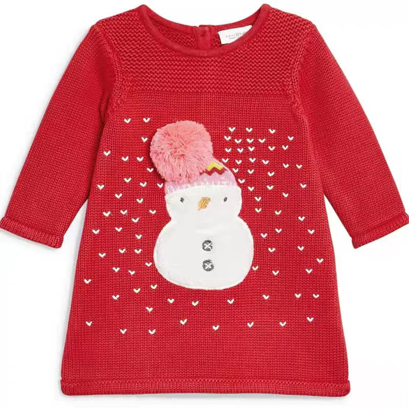 现货英国Next女童女宝圣诞雪人红色针织连衣裙毛衣裙新年长款毛衣
