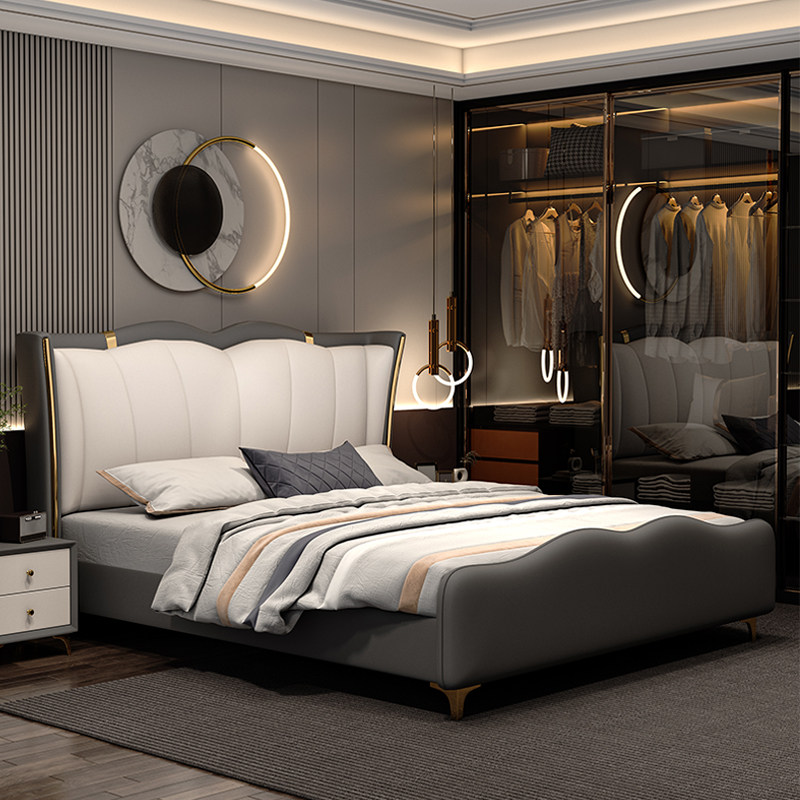 美式轻奢皮艺床头板意式现代简约床屏酒店实木软包床靠背