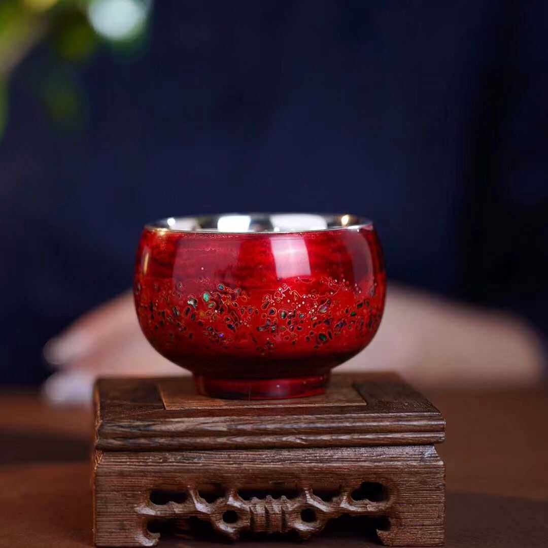 云南雪银坊9999足银纯银茶杯瓷包银杯 大漆手工主人杯品茗杯水杯