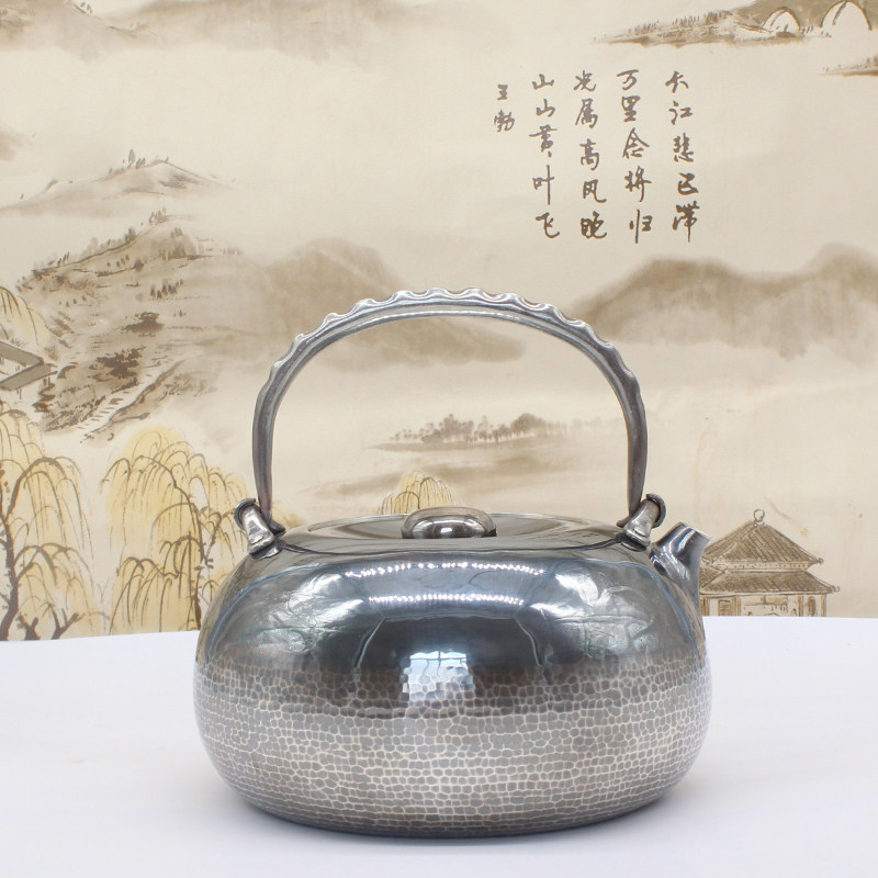 云南雪银坊999千足银壶 纯银烧水壶纯手工一张打日本家用银茶道具