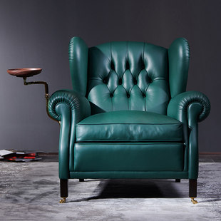雪茄椅单人沙发椅客厅美式 拉扣1919墨绿色真皮扶手老虎椅教父椅