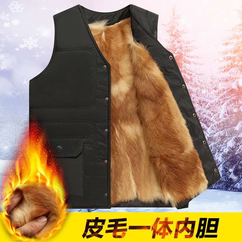 羊毛马甲男中老年保暖加厚棉坎肩羊皮毛一体背心秋冬季马甲爸爸装