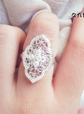 戒指女食指戒 纯银999纯银戒指女  999足银镂空食指戒指个性
