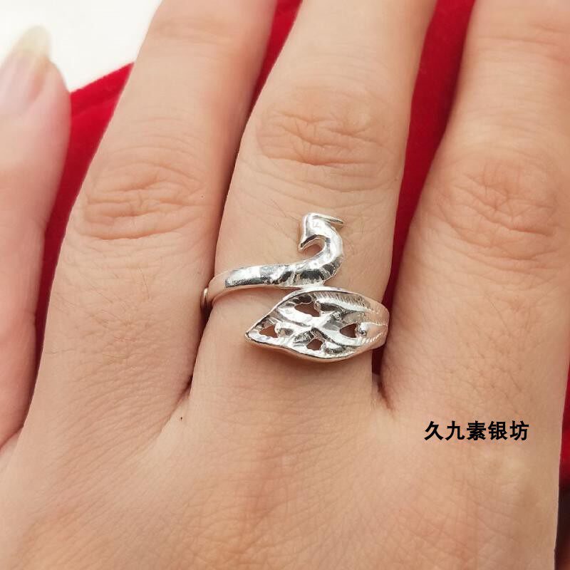 正品999纯银孔雀戒指开口  银戒指 女凤凰 纯银 999活口民族风