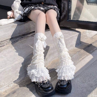 罗莉塔蕾丝花边小腿袜套女日系可爱蝴蝶结白色泡泡袜子jk显瘦腿套
