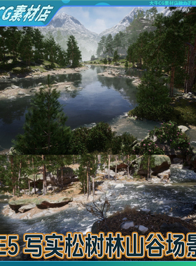 UE5虚幻写实松树林山谷河流岩石小溪河流水自然森林UE场景