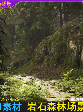 UE5虚幻UE4 写实青苔岩石原始森林树林场景小路草地环境场景