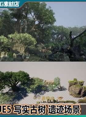 虚幻UE5 写实大树古树破旧石砖墙水塘遗迹大榕树林泥路环境场景