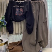 两件套装 韩版 潮 一字领露肩卫衣配工装 阔腿裤 长袖 百搭显瘦抽绳短款