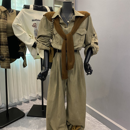 时髦休闲牛仔连体裤韩系秋季新款高腰显瘦直筒阔腿裤连身衣配披肩