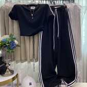 两件套洋气时尚 阔腿裤 正肩修身 短袖 女 美式 T恤套装 宽松休闲运动裤