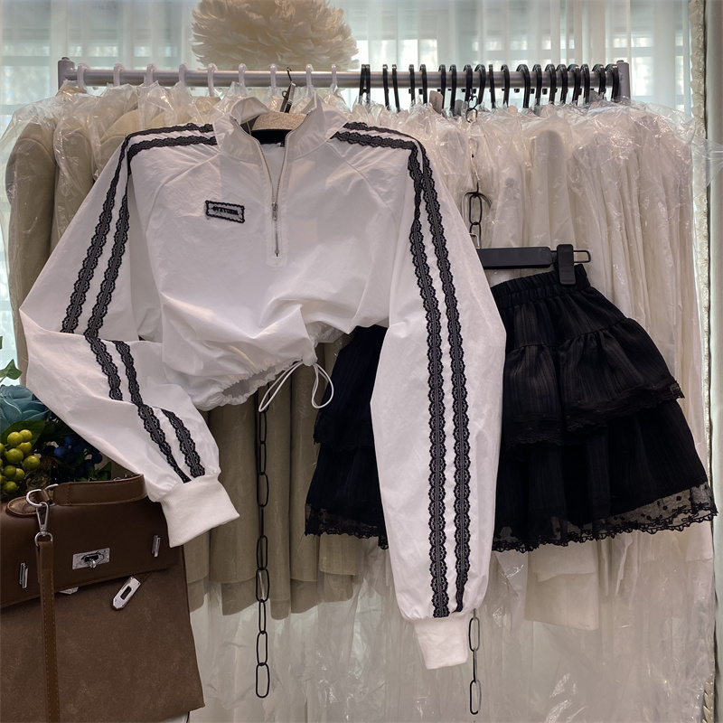 韩系时尚气质长袖T恤短上衣女设计感蕾丝拼接半拉链抽绳套头卫衣