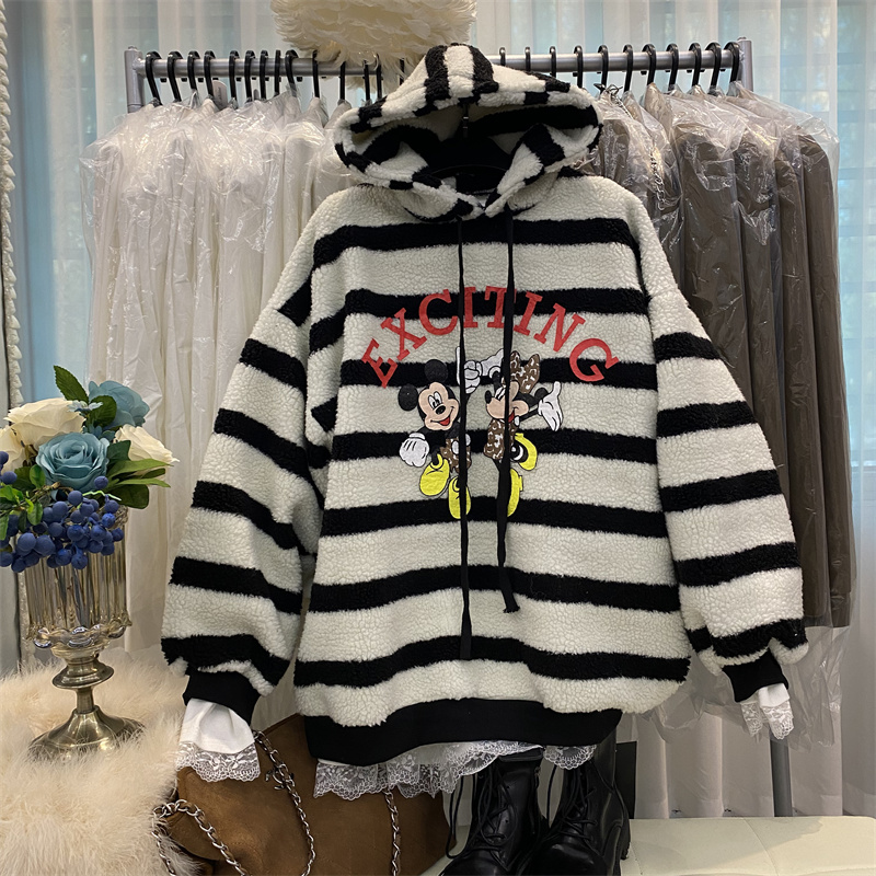 加绒加厚仿羊羔毛条纹连帽卫衣女