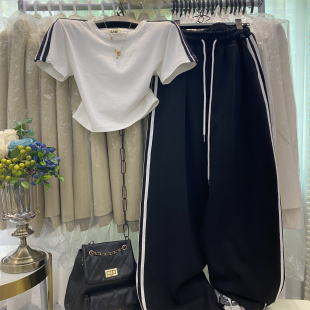 两件套洋气时尚 阔腿裤 正肩修身 短袖 女 美式 T恤套装 宽松休闲运动裤