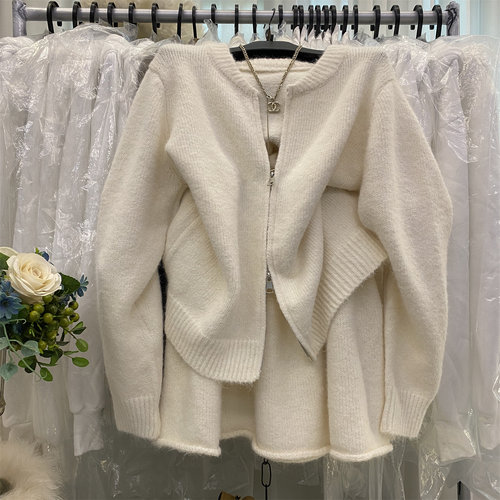 圆领双拉链毛衣开衫短裙两件套女