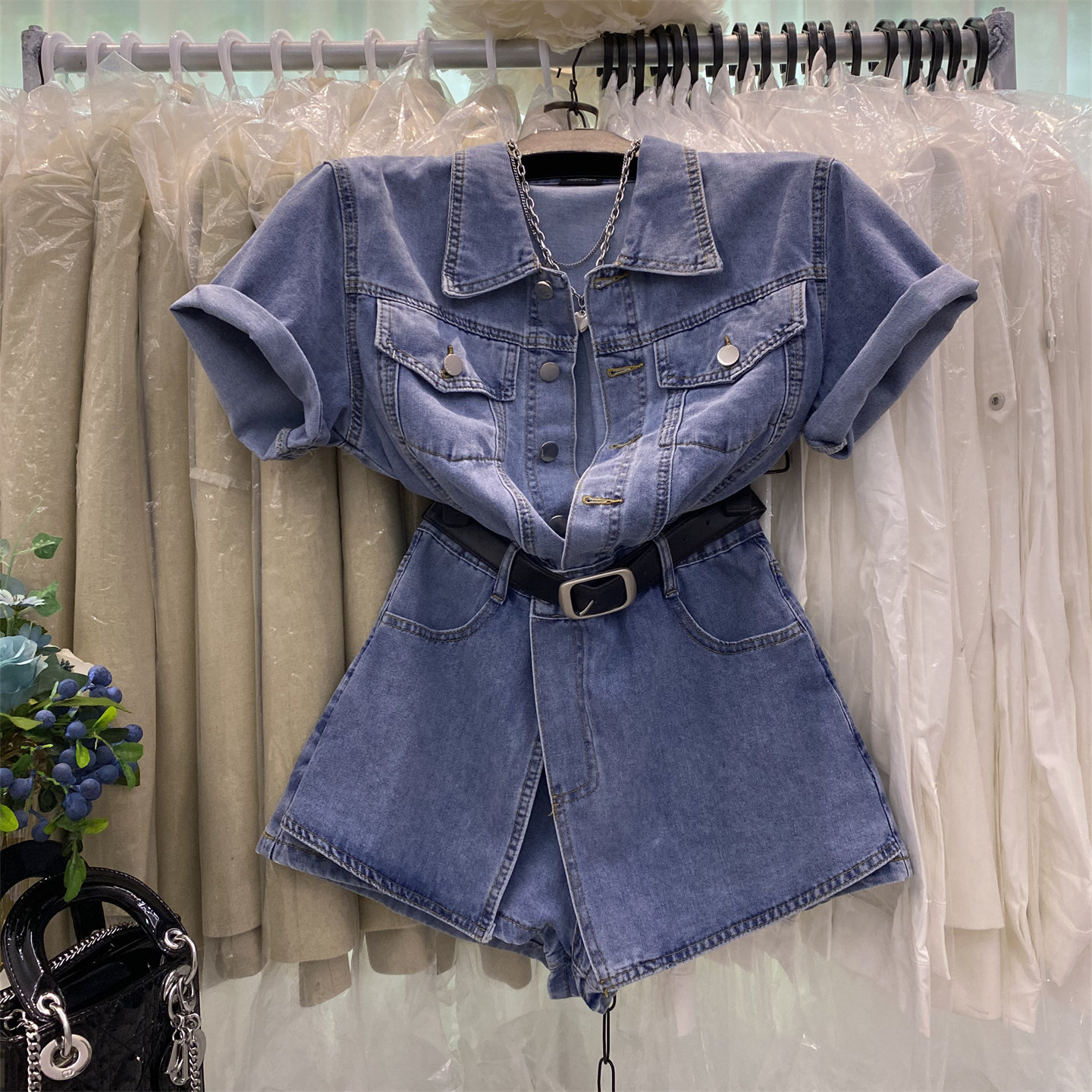 短袖直筒拼片假两件牛仔连体短裤