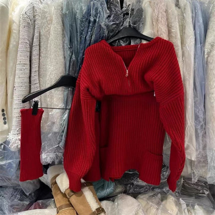 特价秋冬纯色拉链开衫短款毛衣开衫+高腰短裙子+袜套三件套套装女