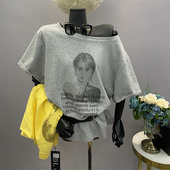 特价 人像露肩宽松显瘦纯色慵懒风上衣 T恤女 美式 复古做旧印花短袖