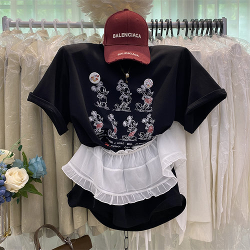 简笔趣味宽松圆领垫肩短袖T恤女