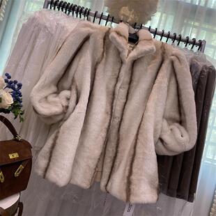 环保貂毛皮草外套小香风兔毛大衣 立领泡泡袖 2025新款 秋冬网红时尚
