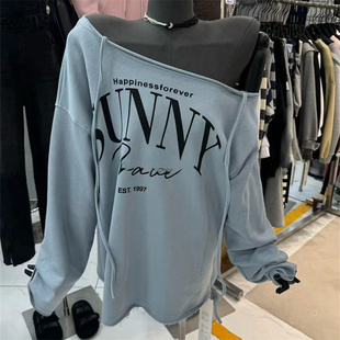 慵懒风美式字母印花露肩绑带卫衣女复古毛边宽松长袖休闲显瘦上衣