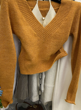 韩系纯欲气质V领红色毛衣女设计感撞色假两件挂脖绑带辣妹针织衫