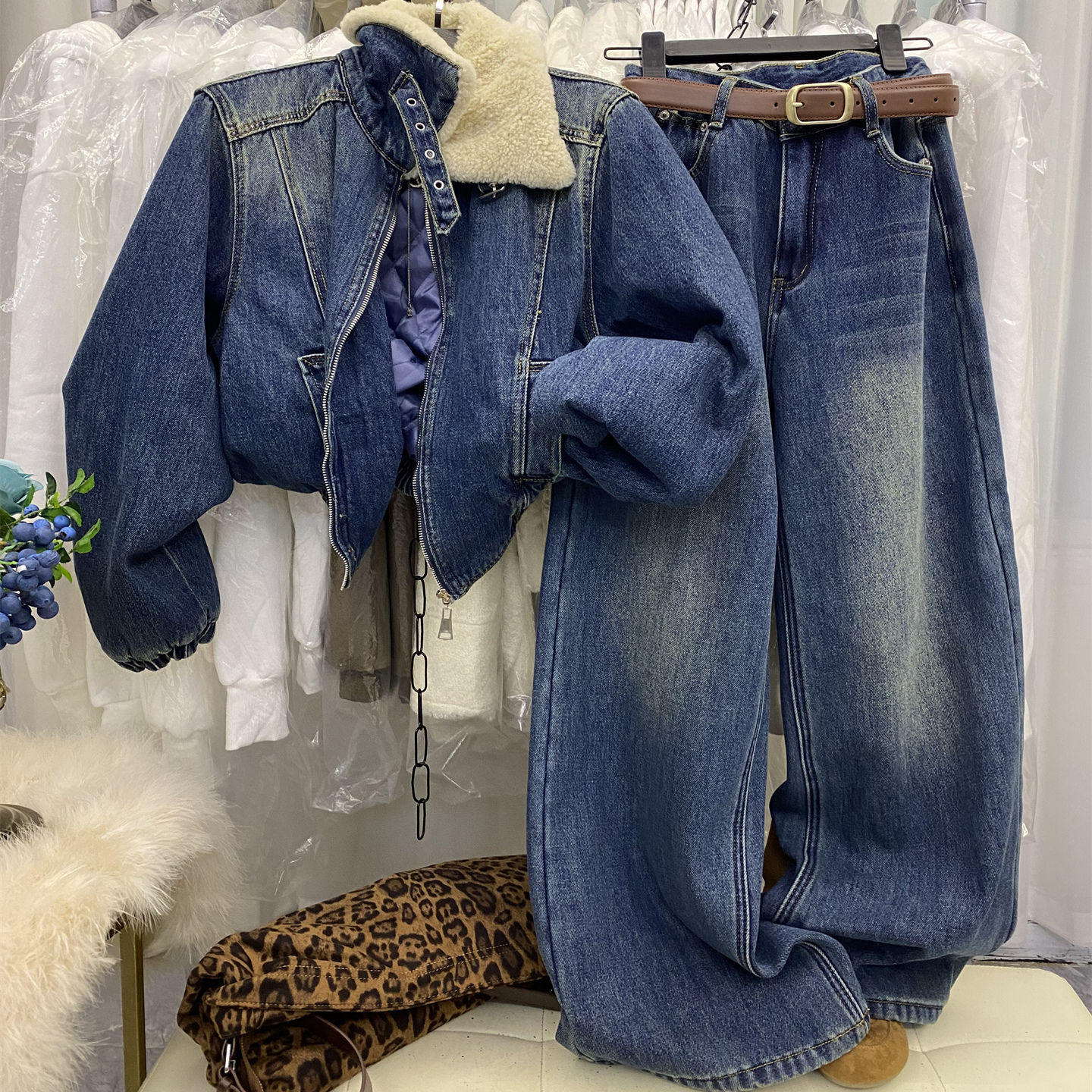 牛仔夹棉外套加绒阔腿裤两件套女