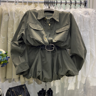 韩版 上衣 时尚 宽松衬衫 腰带灯笼短裙两件套 百搭翻领长袖 2025新款