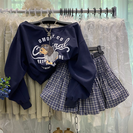 学院风高腰褶皱蓬蓬裙防走光内衬气质显瘦半身裙花苞格子短裙套装