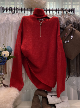 高级感洋气时尚宽松慵懒风高领红色毛衣爆款中长款针织衫露肩上衣