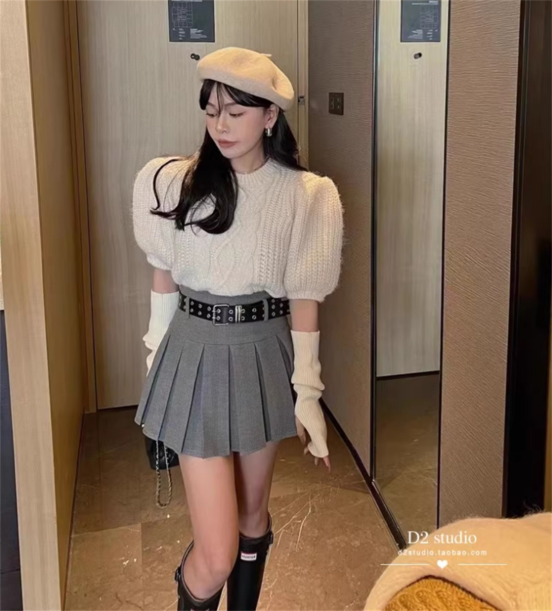 毛呢A字半身裙高腰百褶裙子套装