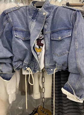 韩版东大门新款蓝色拉链羽绒服牛仔外套显瘦立领短夹克抽绳上衣女