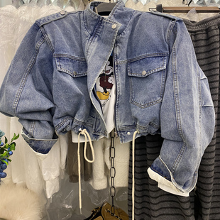 韩版东大门新款蓝色拉链羽绒服牛仔外套显瘦立领短夹克抽绳上衣女