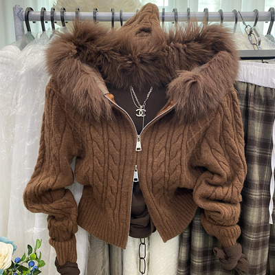 毛领连帽拉链短款麻花毛衣开衫女