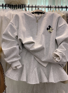 灰色圆领炸街chic港风卫衣配短裙套装 小个子A字鱼尾半身裙两件套