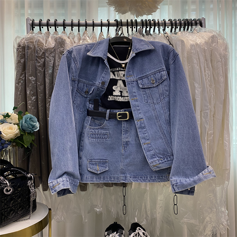 长袖宽松牛仔外套工装短裙两件套