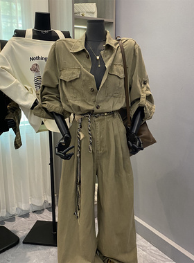 韩版2025新款气质绿色工装连体裤慵懒街头风阔腿裤长裤子连身衣潮