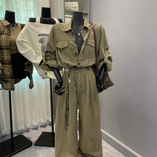 韩版2025新款气质绿色工装连体裤慵懒街头风阔腿裤长裤子连身衣潮