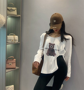 遮屁股加绒打底衫 中长款 上衣 T恤女 韩国白色纯棉宽松卡通印花长袖