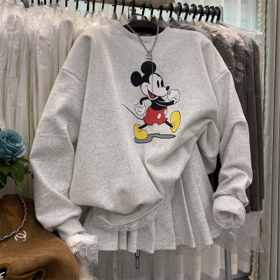 圆领卡通加绒卫衣百褶裙两件套女