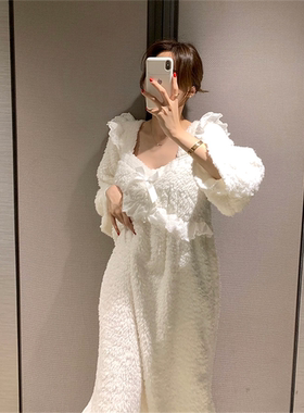 白色睡裙女冬季珊瑚绒长袖加厚保暖长款加绒睡衣睡裤法兰绒家居服