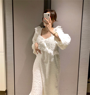 加绒睡衣睡裤 加厚保暖长款 法兰绒家居服 珊瑚绒长袖 白色睡裙女冬季