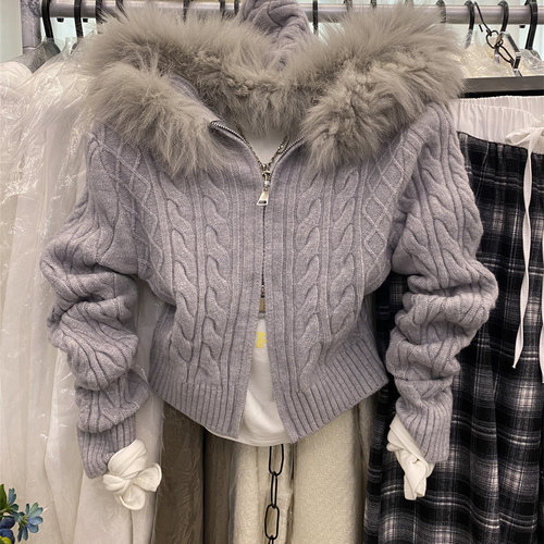 毛领连帽拉链短款麻花毛衣开衫女