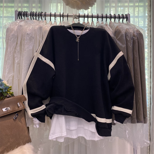 秋冬新款加绒加厚圆领宽松卫衣女