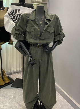 韩版2025新款酷飒军绿色高腰显瘦口袋工装牛仔连体裤阔腿长裤子女